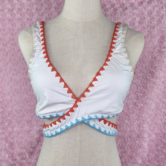 Lucky Brand Womens Swimsuit Bikini Top White M Crisscross Banded Embroidered Hem - Picture 2 of 6